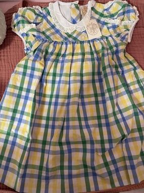 Pastel Plaid Smocked Baby Dress with Lace Collar